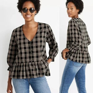 Madewell Courtyard Ruffle-Hem Top in Metallic Plaid Size Medium